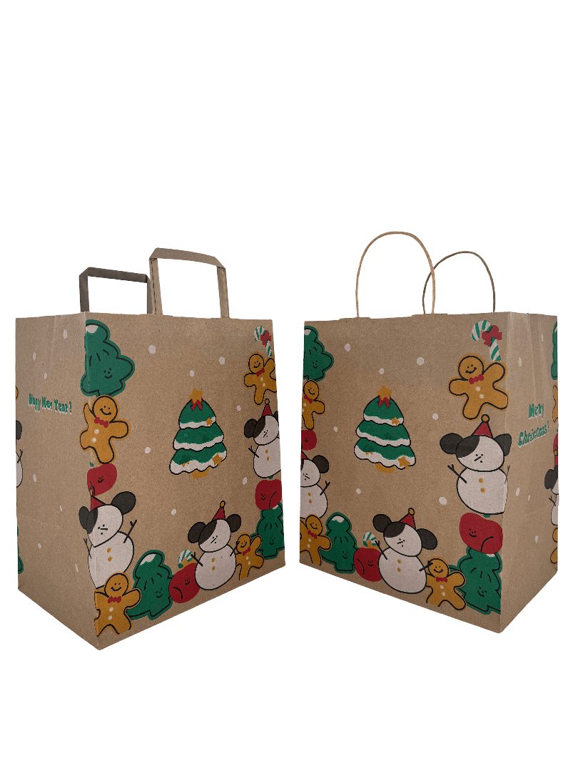 Custom printed kraft paper bags with holiday designs - fully customizable dimensions and artwork